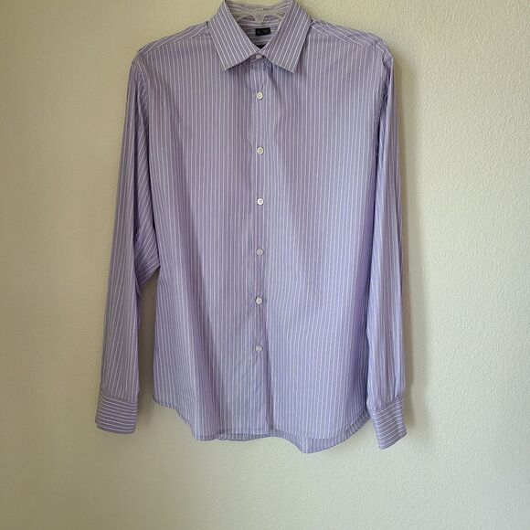 Theory Shirt Men Shirt Large Purple Striped Button Up Long Sleeve Cotton Spandex - Picture 1 of 10